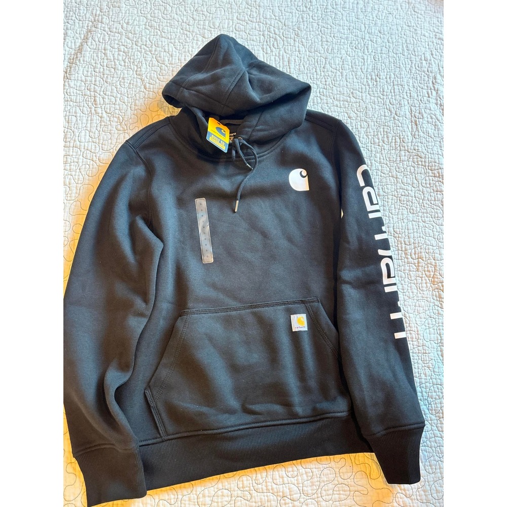 Carhartt Womens Relaxed Fit Midweight Logo Sleeve Hoodie Black Size Small